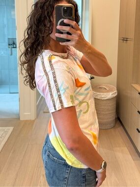 Collina Strada Abstract Print Tee with Beaded Shoulder Trim